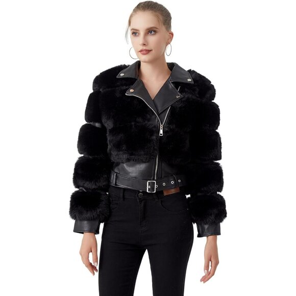 Women's Moto Style Cropped Faux Fur Leather Belted Biker Coat Zip Up White - Picture 2 of 9